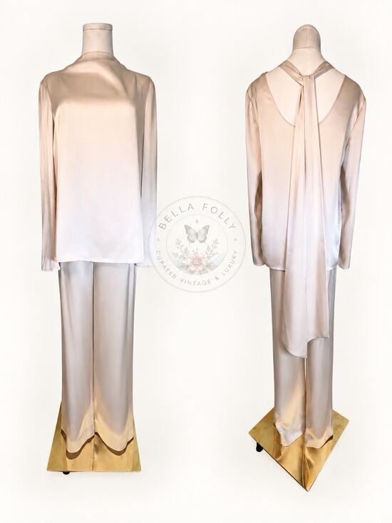 St. John Pants - St. John Champagne Liquid Satin Kate Pants & Scarf Back Blouse Set 0/XS Cocktail